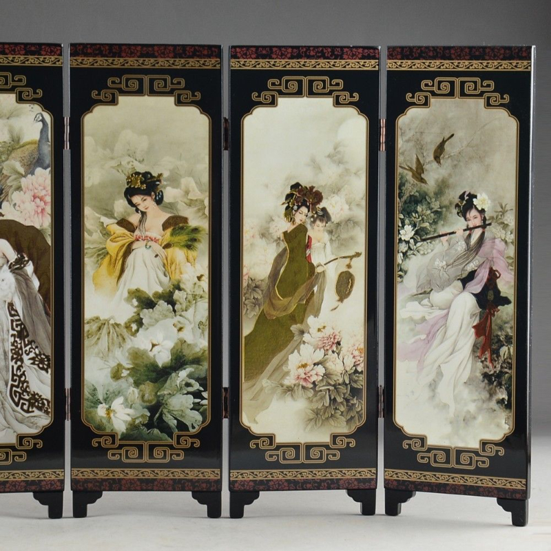 Chinese Lacquerware Old Hand Painted Beauty Collection Pretty Folding Screen Decoration