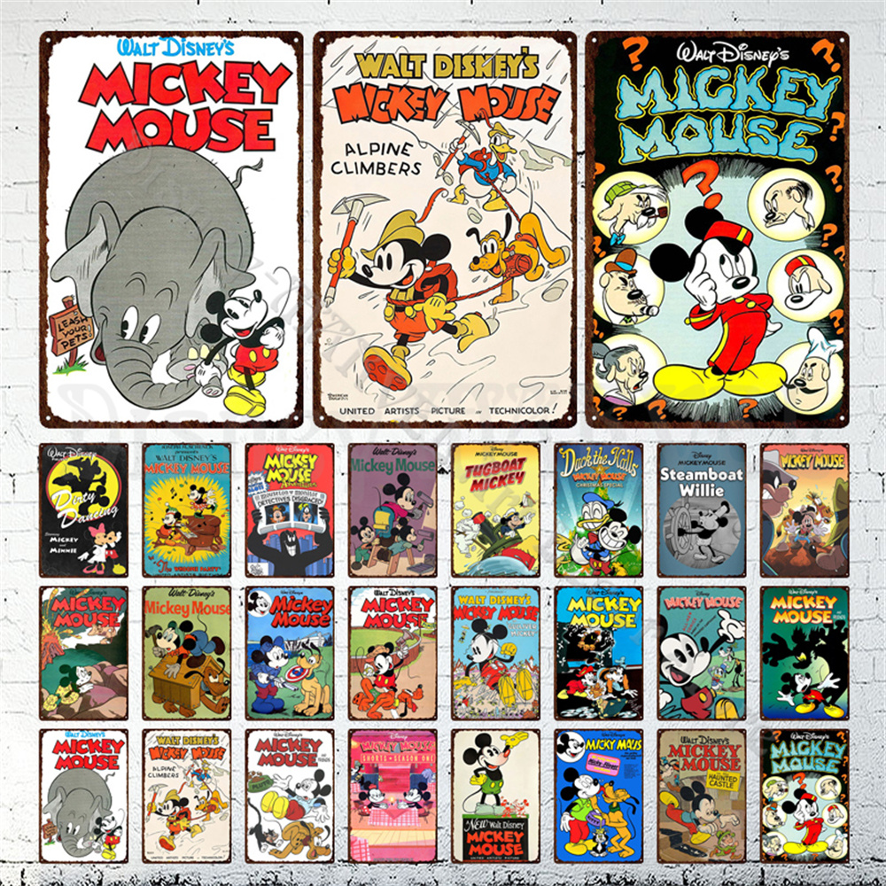 Disney Anime Metal Plaque Vintage Wall Decor Mickey Mouse Clubhouse Metal Wall Sticker Kids Room Playground Home Decor Tin Plate