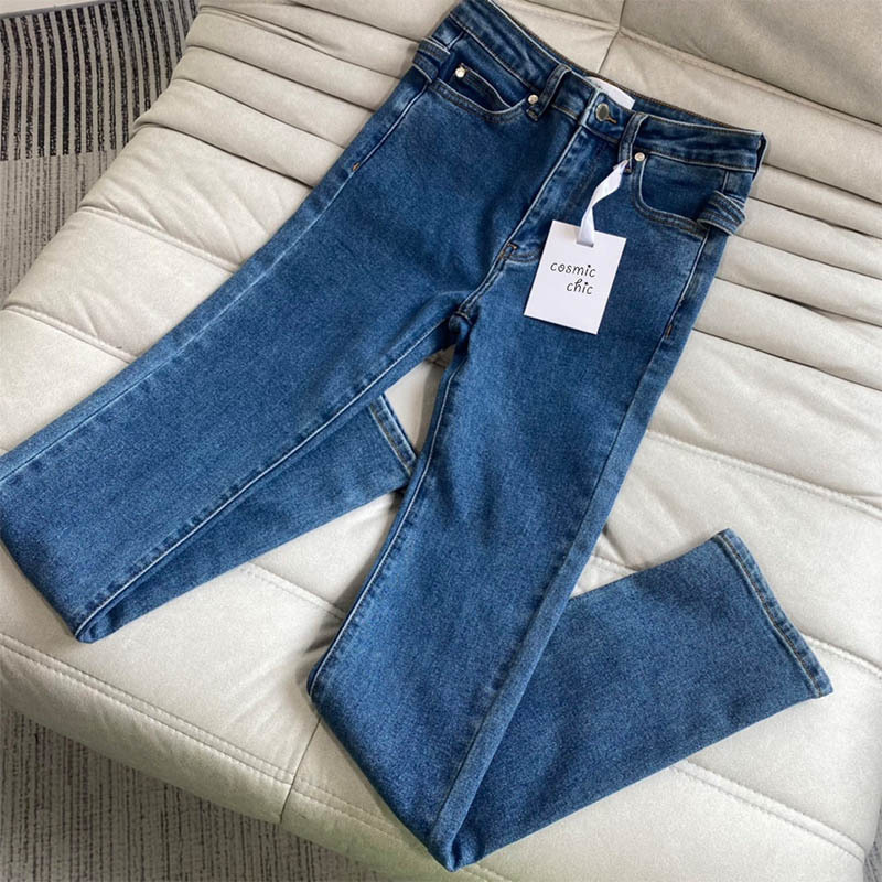 22 Spring Vintage Stretch Metal Logo Tight Jeans Women Casual Button Zipper Blue Jeans Slim Metal Decoration Pocket Pencil Pants