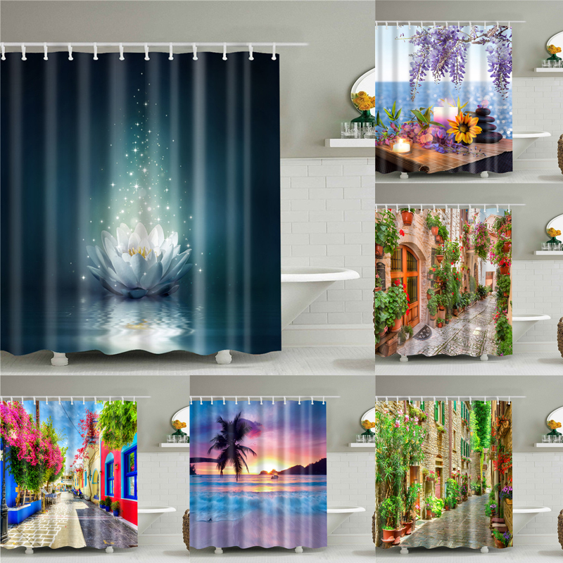 Old Building Landscape Scenery Print Shower Curtain Bathroom 3D Blackout Shower Curtain Large 180x200cm for Bathroom Curtain