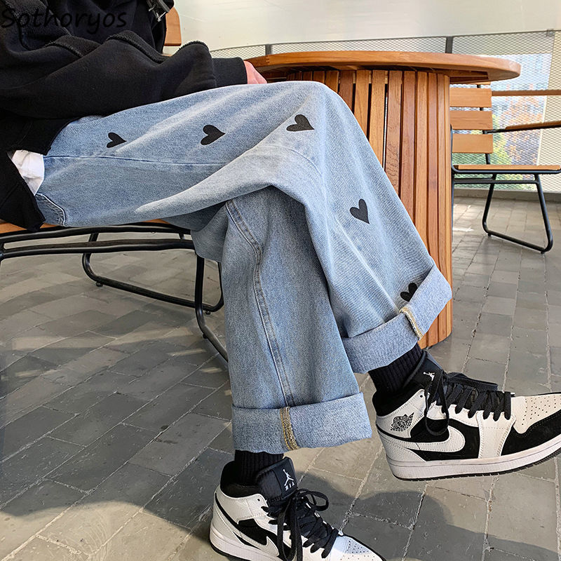 Stylish S-5XL Denim Jeans Women Simple Casual Straight Mopping Harajuku Heart Print Loose Chic High Street Trousers