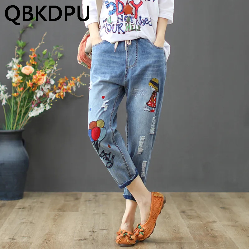 Women's Jeans Embroidery Ripped  Capris Straight Leg Pants Ladies Streetwear Vintage Cute Plus Size 4XL Denim Trousers