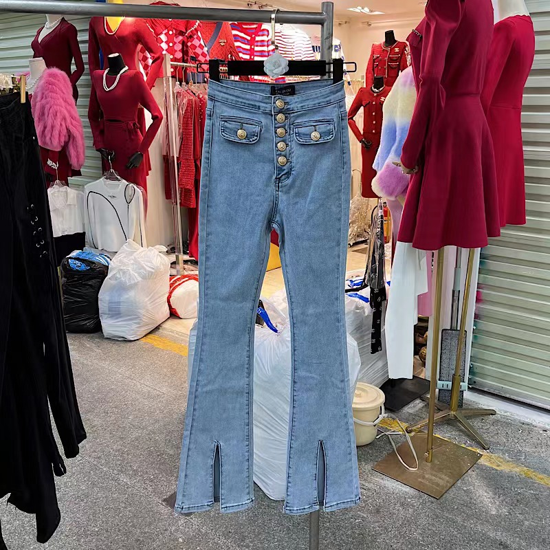 Vintage High Waist Elastic Slim Jeans Woman Split Flare Women Pants Single Breasted  Spring Streetwear Denim Trousers