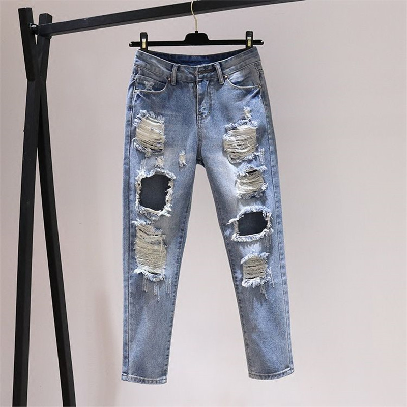  Hole JeansWomen Spring Summer Loose Bf High Waist Denim Pants Women Straight Nine Points Harem Cowboy Trousers W692