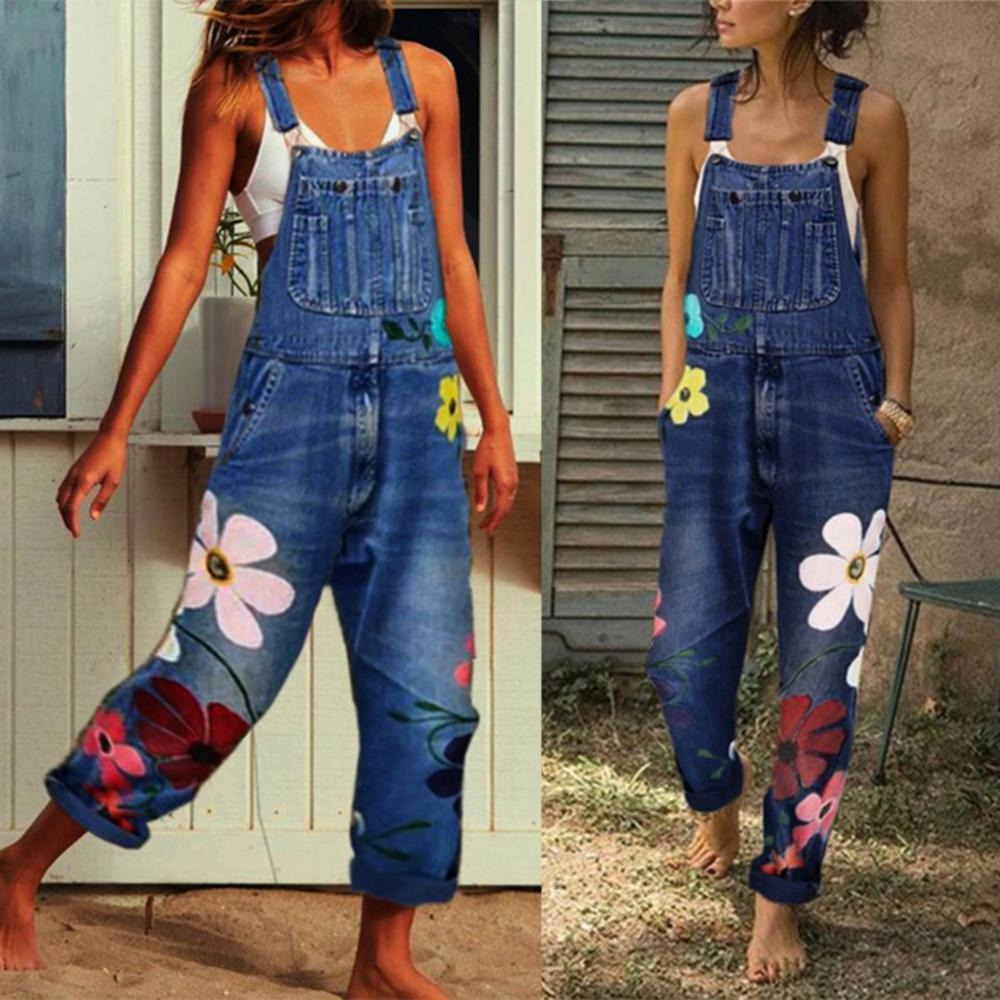 Floral Print Loose Danim Overalls for Women  Summer Blue Denim Overalls Jumpsuit Rompers Femme Ninth Pants Female Pants