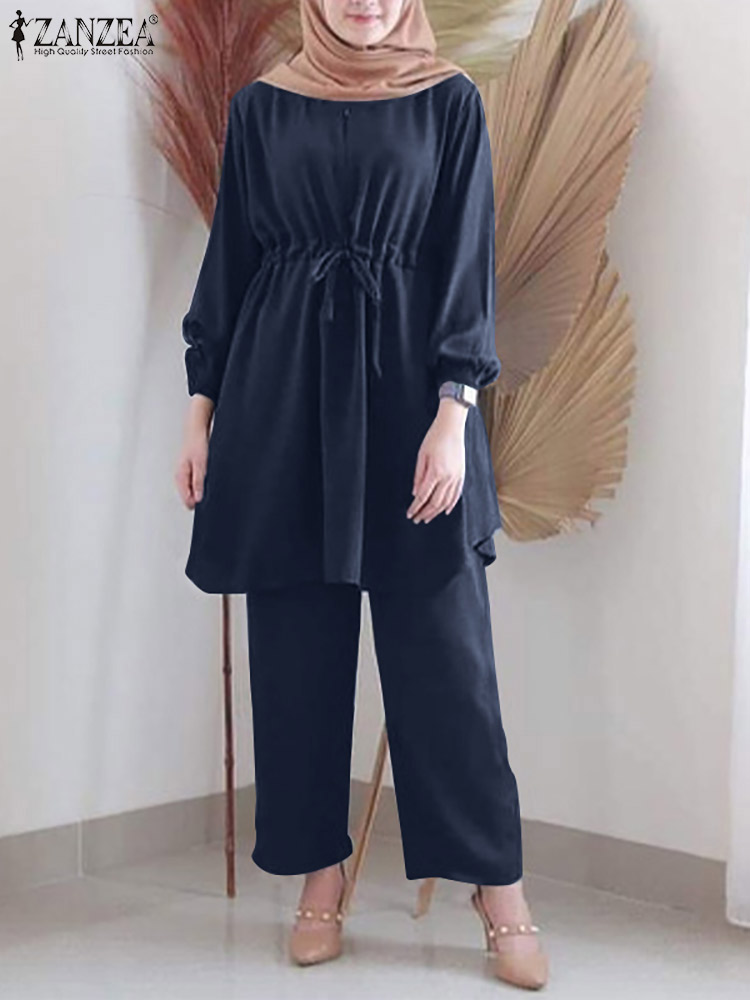 ZANZEA Woman Spring Islamic Clothing Muslim Sets Long Sleeve O-Neck Solid Blouse Wide Leg Pant Elegant Casual Loose 2PCS Suit