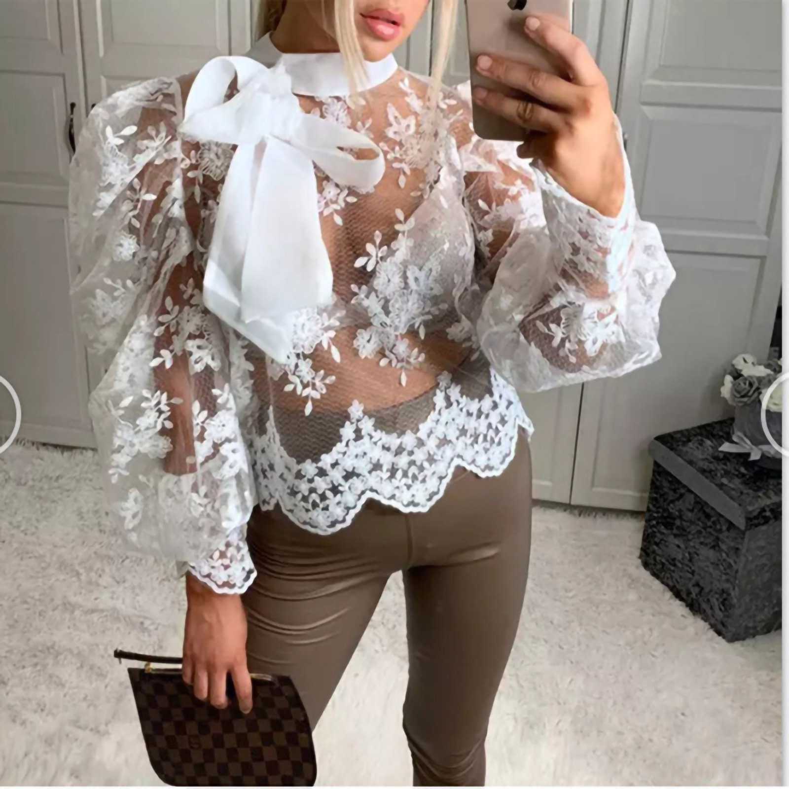 40# Women Blouse Hollow Out Long Sleeve Turtleneck Mesh Lace Bow Sexy Blouse Drawstring Ruched Sweater Tops Блузка С Кружевом