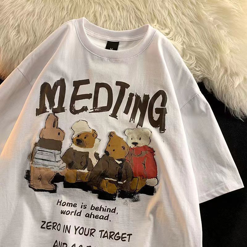 Women Tops Cartoon Bear Print T Short-sleeved Shirt Women's Spring and Summer Loose Men's and Women's Y2K Retro T-shirt Y2k Top