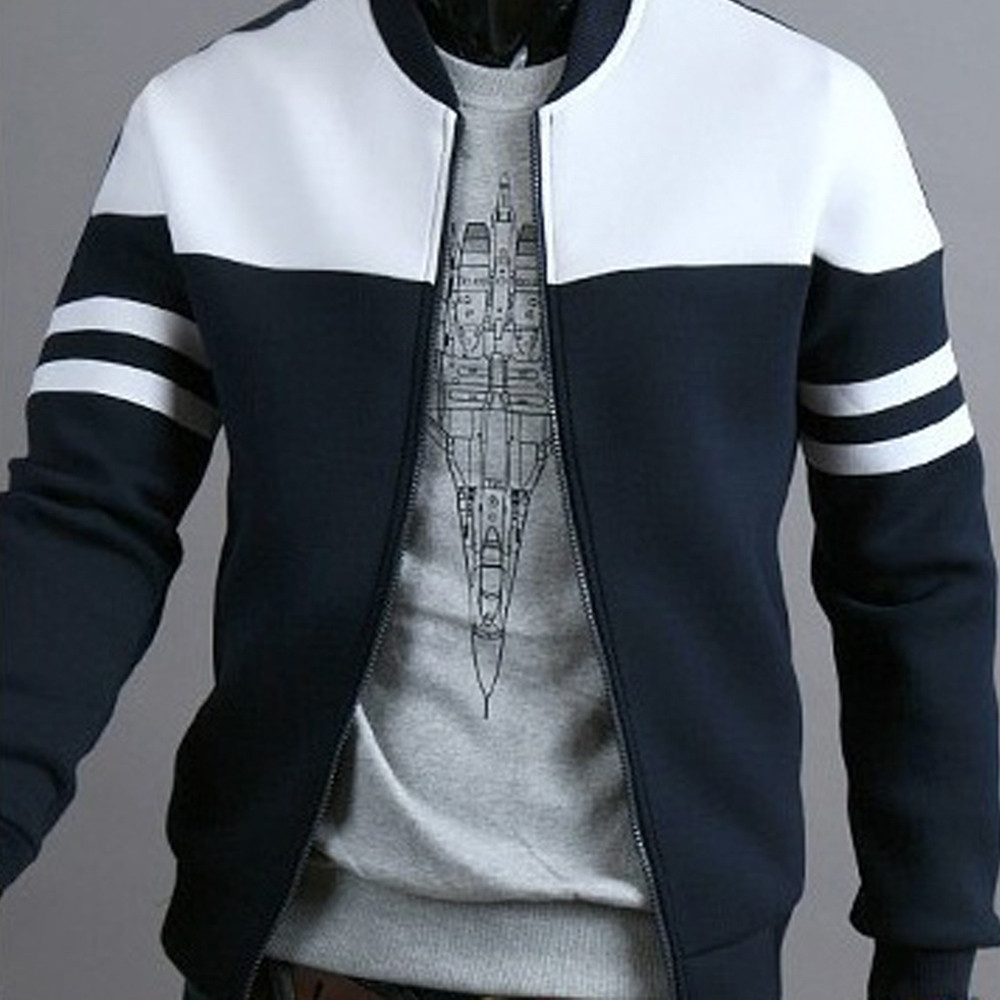 40#  Men Jacket Coat Black Striped Coat Autumn Winter Zipper Sportswear Patchwork Jacket Long Sleeve Coats Женская Куртка
