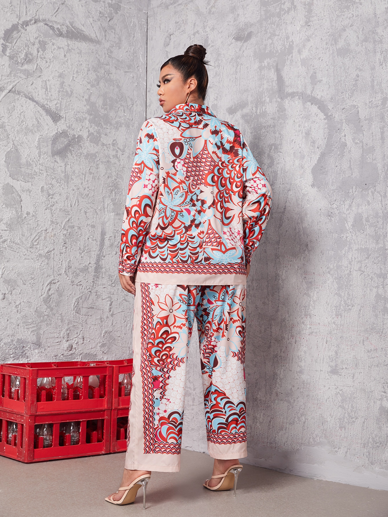 Plus Size Women Two Pieces Set Tracksuit Office Clothes Autumn Trend Casual Leaf Floral Print Blouse & Wide Leg Pants Set