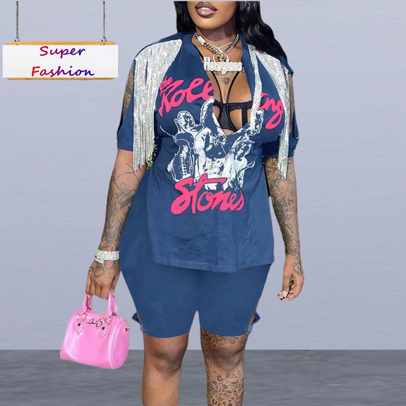 XL-5XL Plus Size Two Piece Sets Women Clothing  Summer Deep V Neck Tassel Printing Fork  Sexy Short Suits Wholesale
