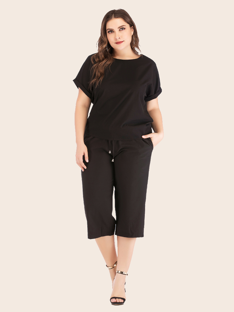 Women Summer Casual Plus Size Solid Athflow Style Sportswear Suit  Oversize Two Piece Set Athleisure Drawstring Pants