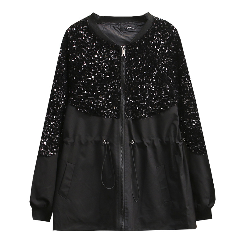 Women's Clothing Jacket Plus Size Autumn  Casual Female Sequined Splice Drawstring Waist Coats Chaqueta De Mujeres