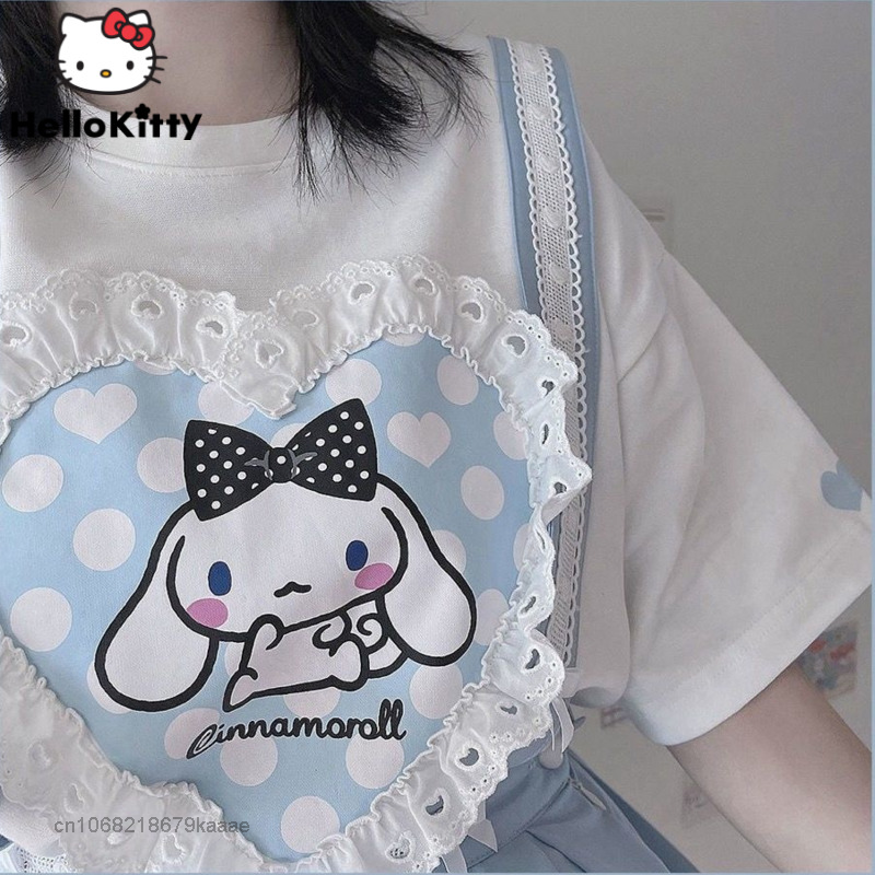 Sanrio Streetwear Cinnamoroll Lace T Shirts For Women Girls Tshirt Student Harajuku Kawaii Cute Lolita Loose Vintage Clothes Top