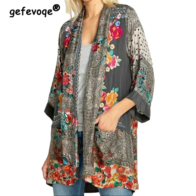 Spring Autumn Floral Print Cardigan Pocket Tops Women Long Sleeve Loose Casual Aesthetic Shirt Female Y2K Vintage Femme Clothes