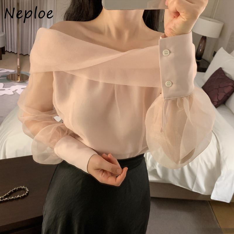 Neploe Slash Neck Shoulder Strapless Mesh Blouse Women Spring  Pullover Long Sleeve Blusas Solid Slim Fit Wild Shirt