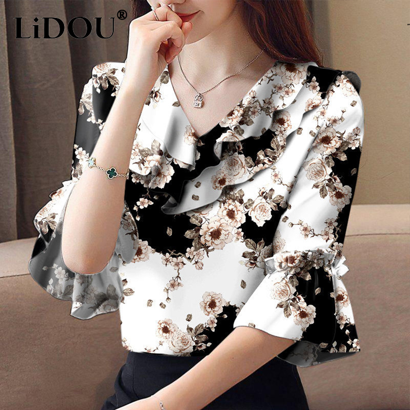 Summer Elegant  Print Aesthetic Women's Shirt V Neck Short Sleeve  Style Casual Tops Female Sweat Lady Blouse