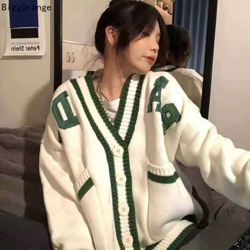 Vintage letter embroidery V-neck cardigan sweater women autumn and winter college style loose all-match knitted cardigan sweater
