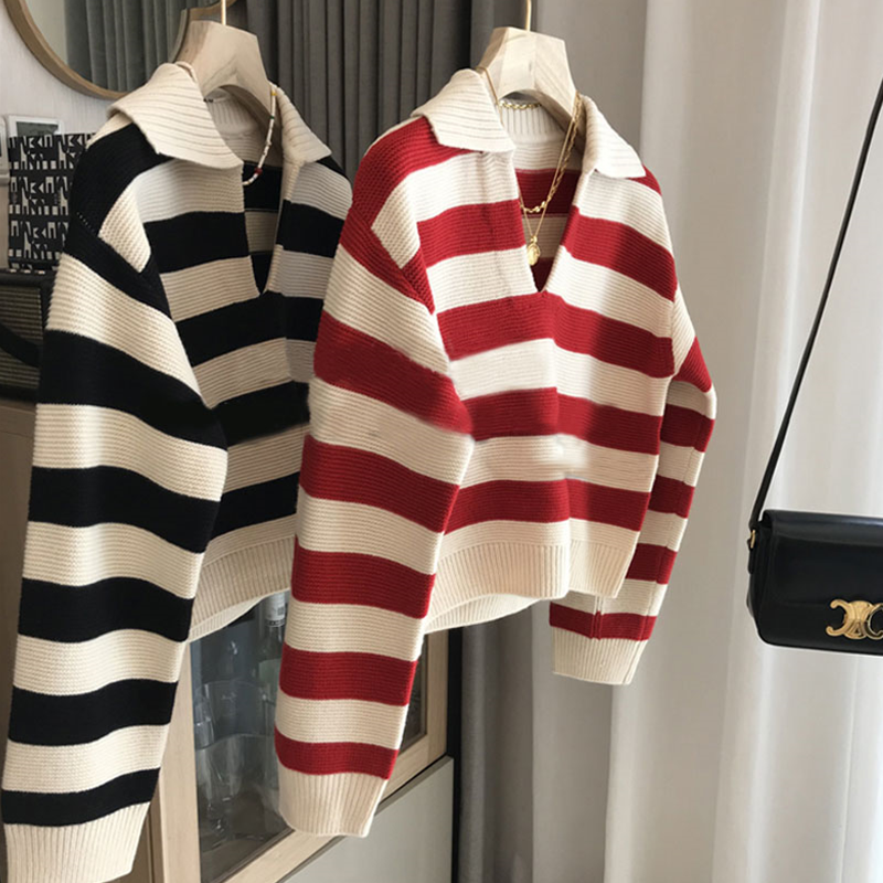 Polo Collar Sweater Women's Autumn And Winter Striped Red Casual Loose Pullover Short Knitted Sweater Long-sleeved Top Y2K