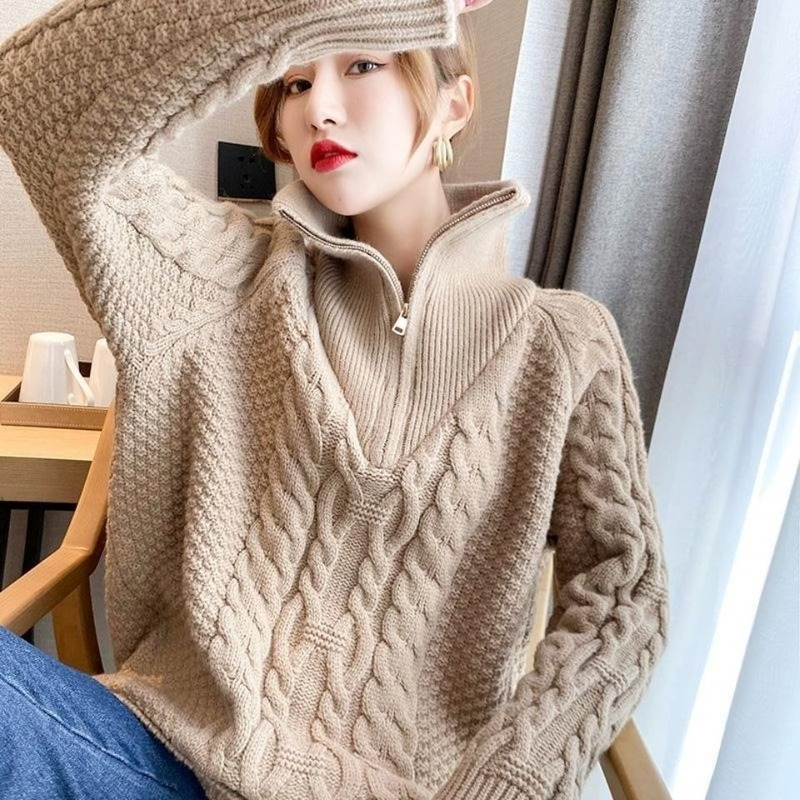 Women's Jumper  Loose Womens Winter Sweaters Oversize Turn-down Collar Zippers Solid Knitted Tops Female Turtleneck Women