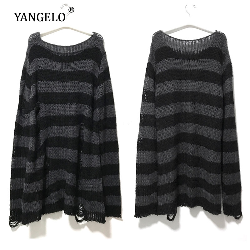 Punk Gothic Long Unisex Sweater  Summer Women Striped Cool Hollow Out Hole Broken Jumper Loose Rock Thin Dark Streetwear Top