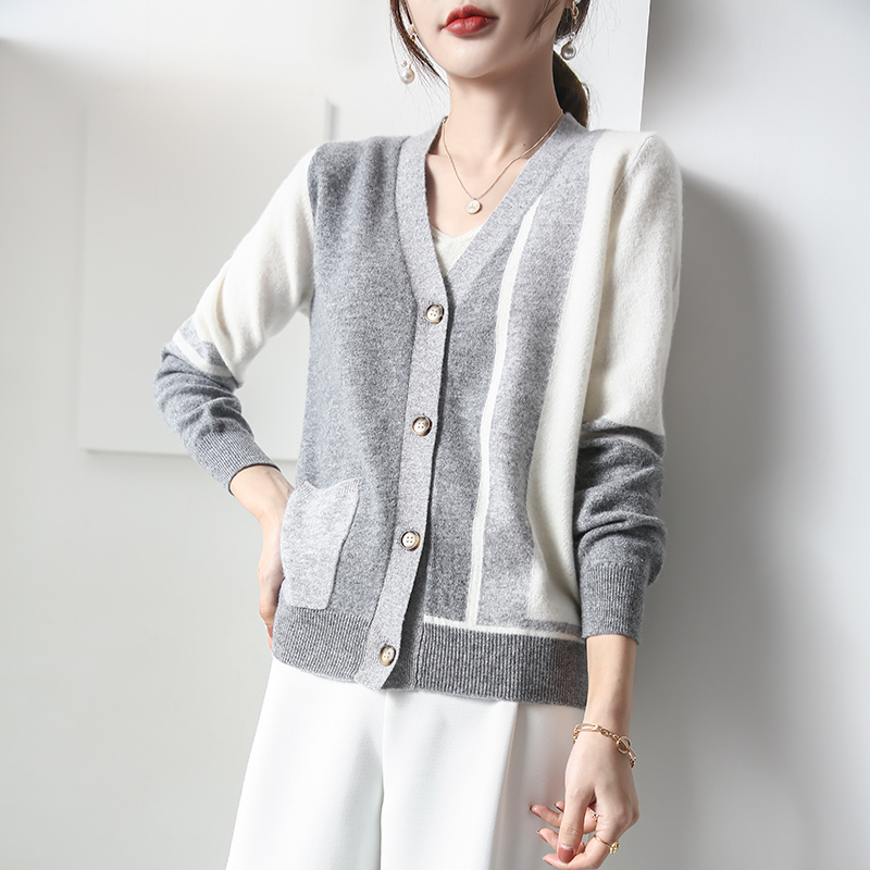  Wool Knit Cardigan Women's Long Sleeve Jacket  Spring and Autumn Basic V-Neck Top Chic Colorblock Cashmere Sweater XL