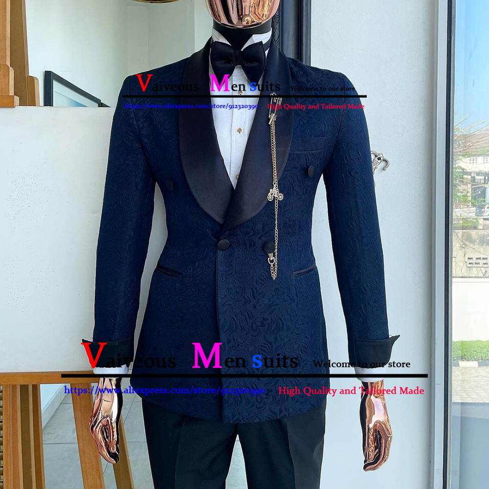 Tailor-Made Men Suit 2 Pieces Classic Navy Blue Jacquard Wedding Suit for Men  Slim Fit Groom Tuxedo Costume Mariage Homme