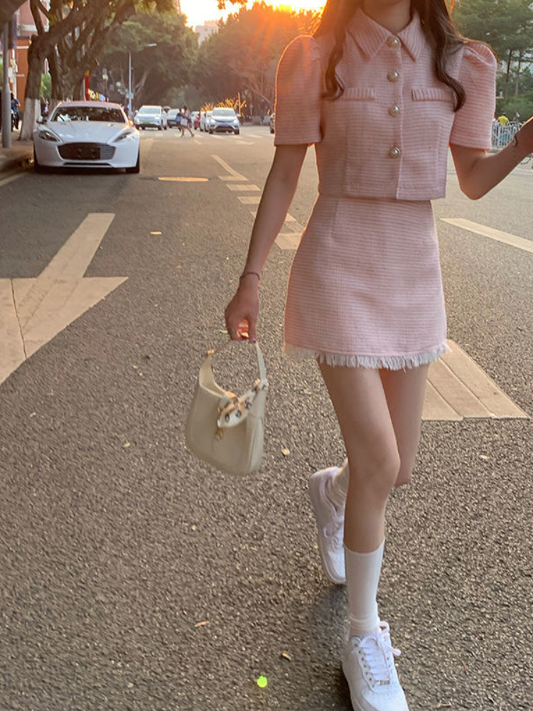 Sweet Temperament Pink Puff Sleeve Lapel Coat Women Single-breasted Short Jacket Summer  Mini Skirts Matching Sets Chic
