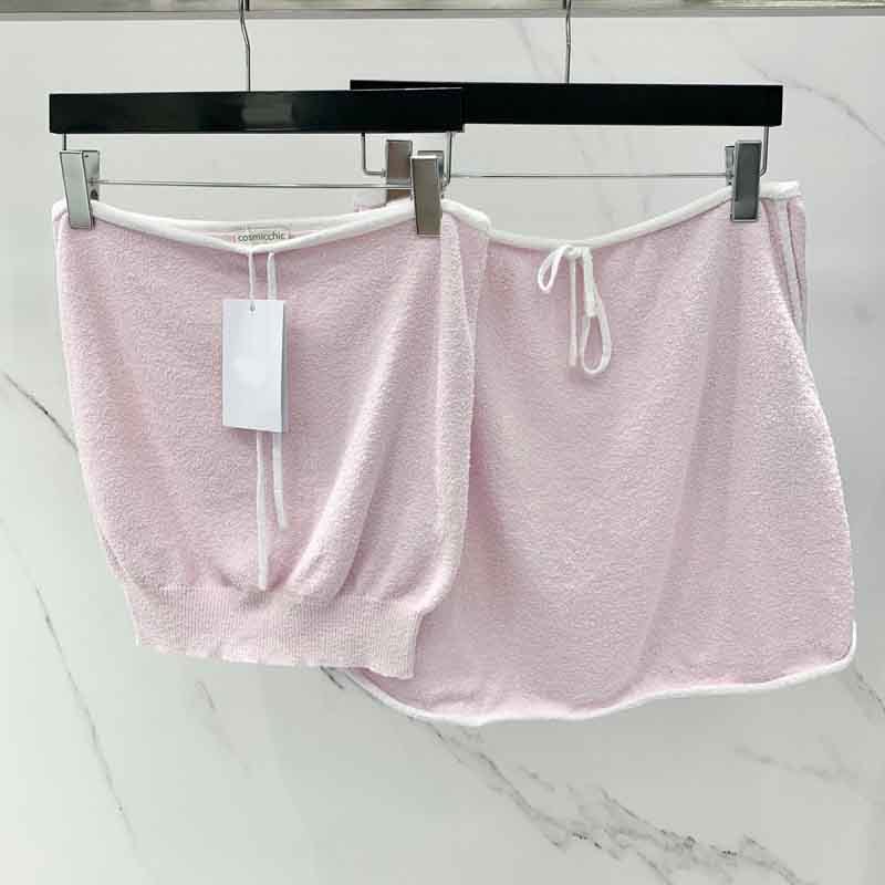  Pink Tube Top Knitted Set Sexy Lace-up Design Waist Sleeveless Tee High Waist Short Skirt  Casual Sets For Women