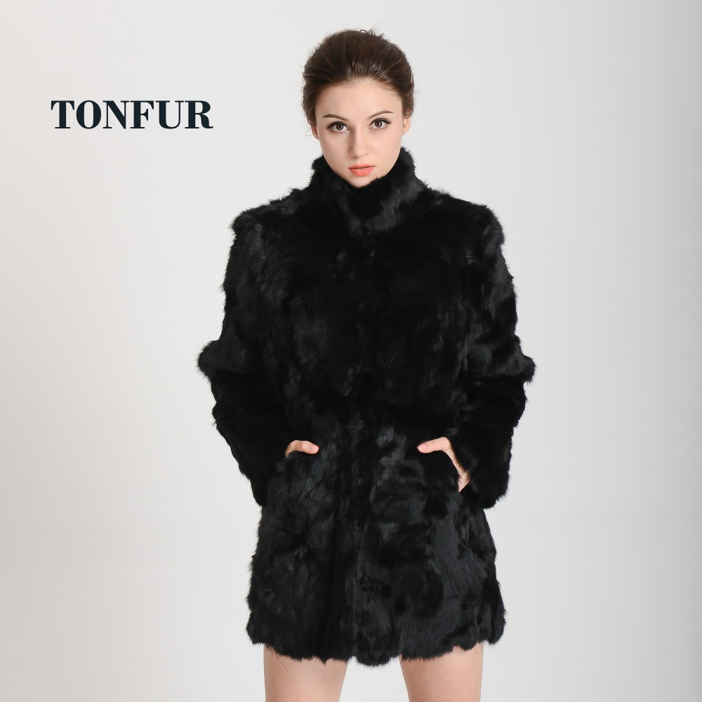 Women  Real Rabbit Fur Coat Mandarin Collar Natural Fur Jacket Long Customize Female Dropshipping Overcoat  HP147