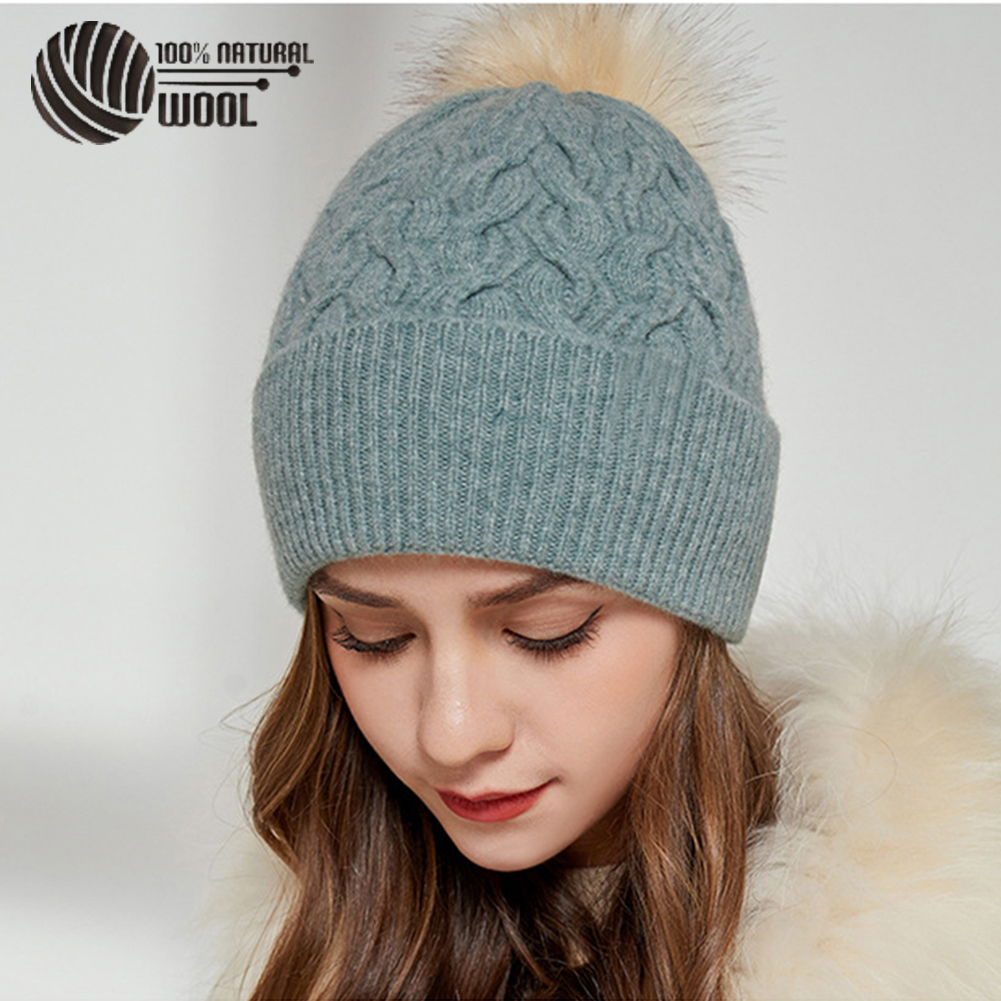  Australian Merino Wool Hat with Real Fox Fur Pompom Women Winter Knit Slouchy Beanie Cashmere Skullies Hats For Girls
