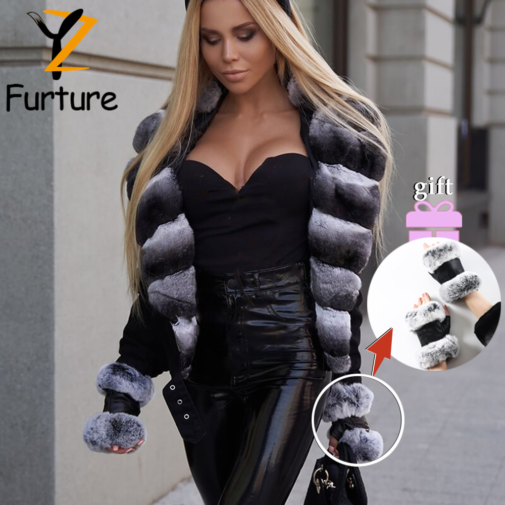  Women's Real Fur Coats Natural Rex Rabbit Fur Coats With Large Lapels Winter Warm Slim Fur Jackets Extra Gloves