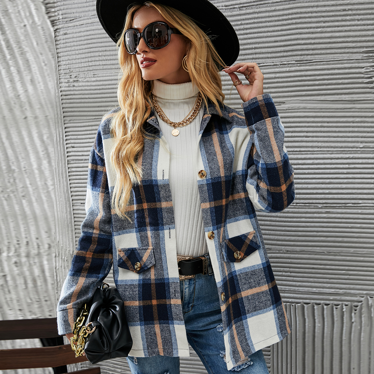 Autumn Winter  Thick Ladies Shirt Jacket Loose Vintage Stylish Buttons Warm Plaid Drop Shoulder Overcoat