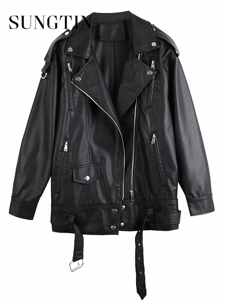 Sungtin Black PU Leather Jackets Women with Belt Oversized  Loose Motorcycle Faux Leather Jackets  Causal Outerwear