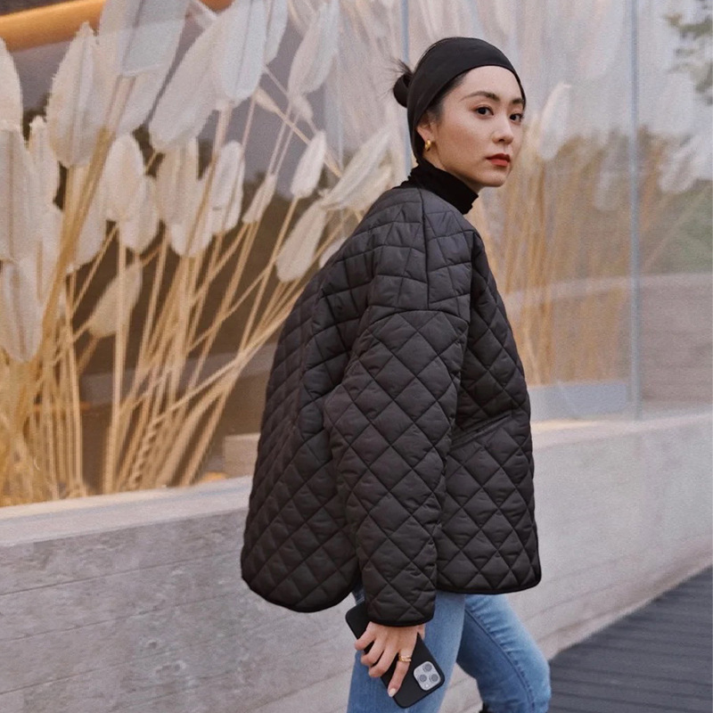  Autumn and Winter Short Front and Back Long Rhombus Check Short Round Neck Button Cotton Jacket