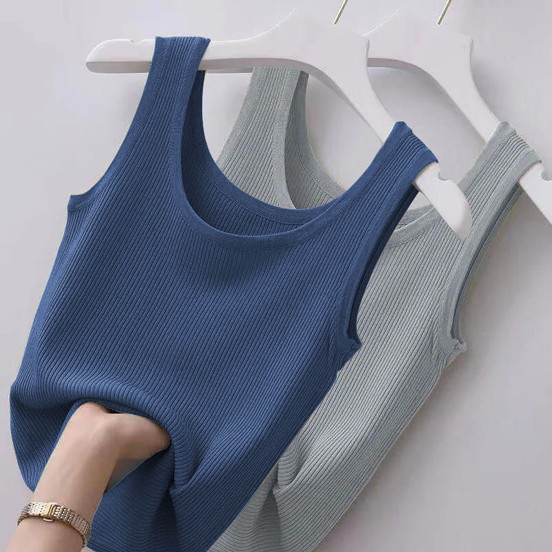 Summer Knit Vest Top sexy Sleeveless O Neck Women Camisole Pure Color Black White t-shirt Solid Color Plus Size  Slim Tank Top
