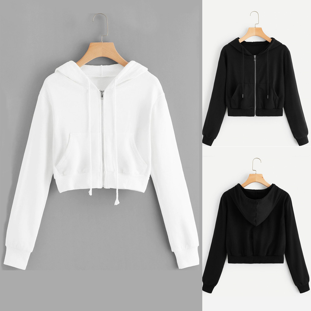 Hoodies Zip-up Crop Sweatshirt Casual Long Sleeve Drawsting Hoodie Pocket Hooded Pullover Top Crop For Girls Sudadera Mujer