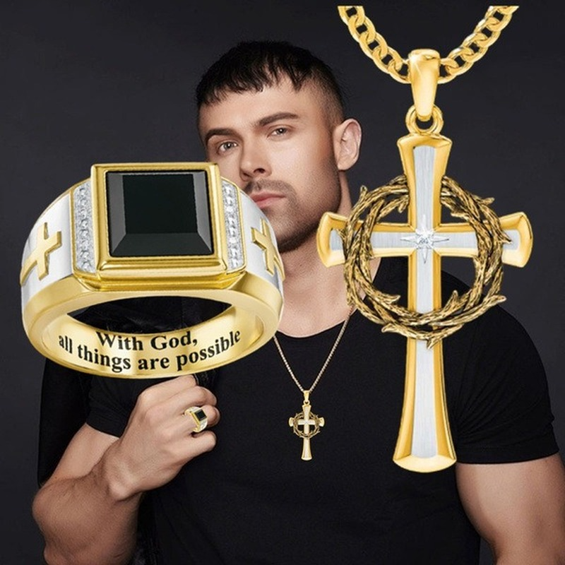 Seanxiao  Vintage Men's Cross Rings Men's Cross Necklace Ring Set Men's Chain Jewelry Pendant Party Jewelry Sets Gift