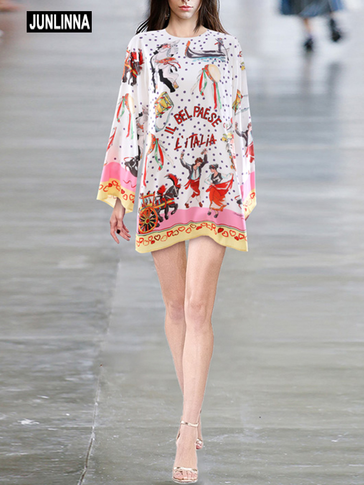 JUNLINNA SWeets Women Dress  Summer Autumn High Street  Printed Vestids A Crew Neck Long Sleeve Loose Younger Wear