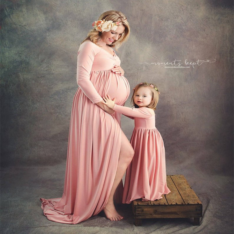 Mother Daughter Parent-child Off Shoulder Long Sleeved Dress Maternity Dressws Pography Prop Pregnant Women Maxi Gown