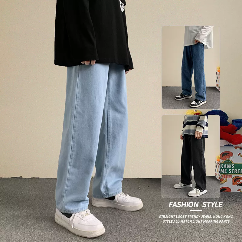 Men's Hip Hop Loose Jeans  Autumn Streetwear Straight Baggy Wide Leg Pants Male  Trousers Light Blue