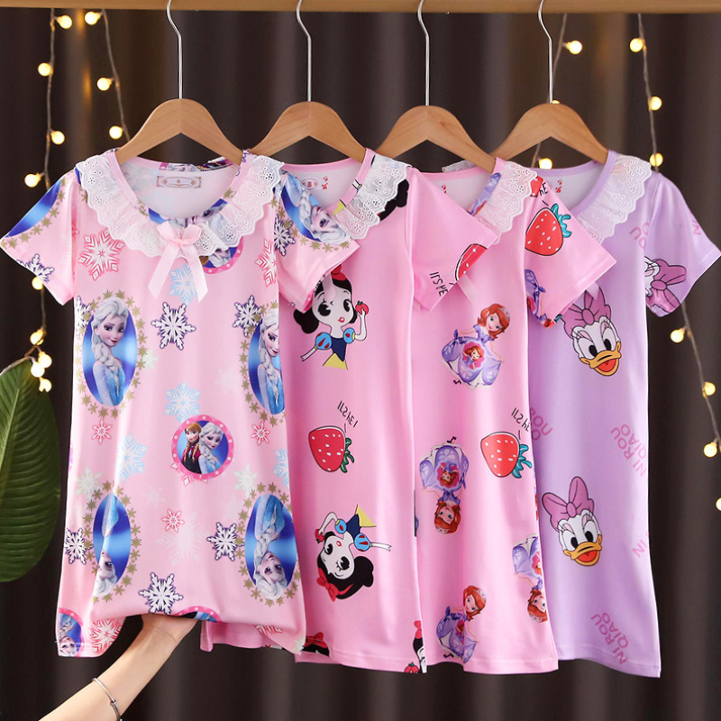 Children's Pajamas Female Summer Princess Aisha Lace Short Sleeve Thin Nightdress Ice Snow Strange Fate Little Girl Home Dress