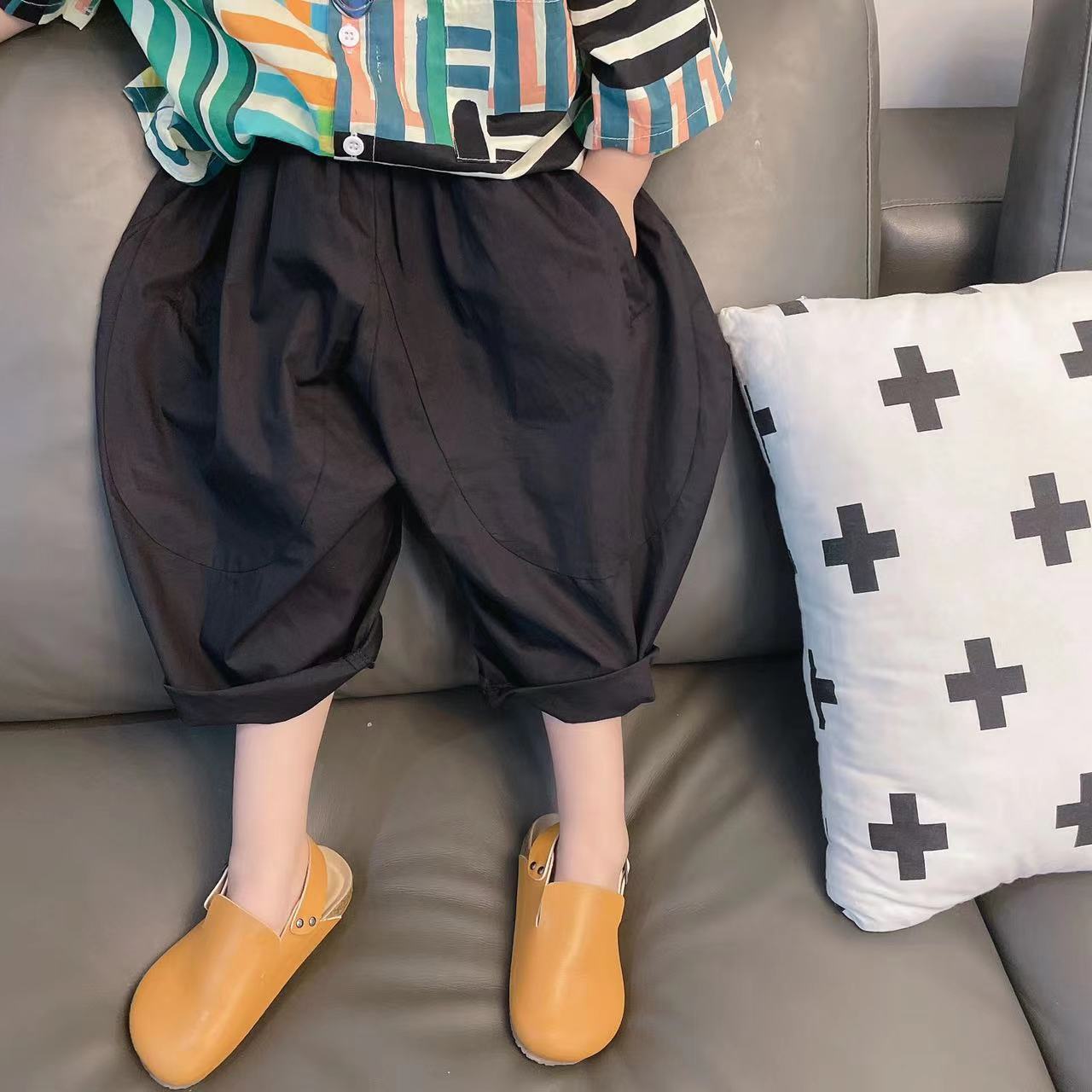 Children's Pure Color Harlan Pants Spring/summer Men's and Women's Versatile Double Pocket Elastic Waist Pants