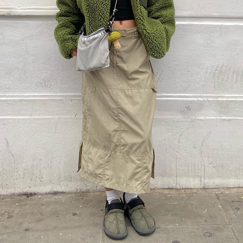 WeiYao Khaki Casual Long Cargo Skirts Women Stitching Vintage Baggy Streetwear Outfits Split  Low Waist LooseSize Skirt
