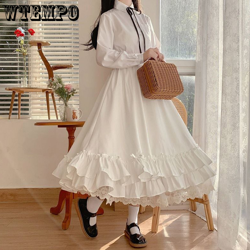 Japanese Solid Color Double Layer Vintage French Ruffled A-line Skirt Hepburn Style Black White Half Skirt Female Long Skirts