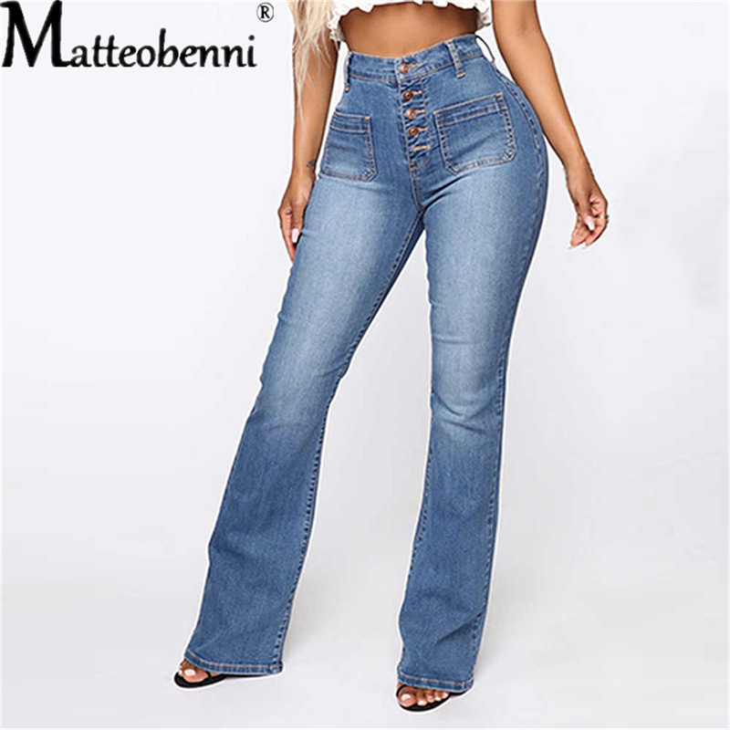  Sexy High Waist Elastic Jeans Women Button Washed Denim Pants Femme Pocket Trouser Bootcut Straight Leg Jeans Mujer