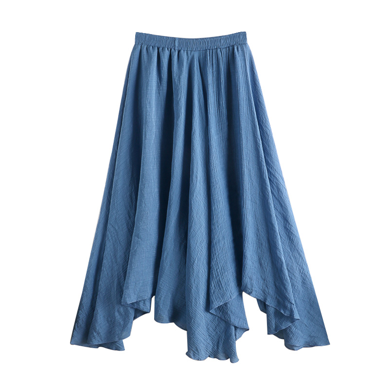 Linen Skirt Women's Spring Summer  Women Midi Solid Color Wild Irregular Pleated Blue Black Big Swing Fishtail Skirt