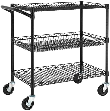 Finnhomy 3 Tier Heavy Duty Commercial Grade Utility Cart, Wire Rolling Cart with Handle Bar, Steel Service Cart with Wheels, Kitchen Cart on Wheels, Food Storage Trolley, NSF Listed, Black