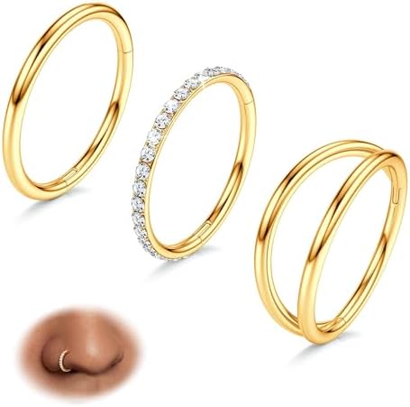 BodyBonita 3pcs Nose Rings Hoops - 316L Surgical Steel Double Hoop Nose Rings 16G/18G/20G Hinged CZ Conch Piercing Jewelry Septum Clicker Lip Rings Cartilage Earring Helix Rook Tragus Daith 7mm/8mm/9m