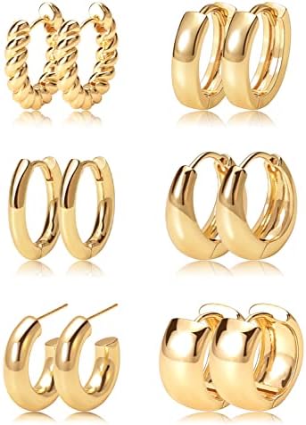 Gold Hoop Earrings Set 14k Real Gold Plated Huggie Earrings Hypoallergenic Chunky Twisted Thick Jewelry for Multiple Piercing Christmas Gift for Women